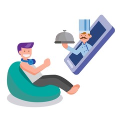 man order food online with smartphone flat illustration