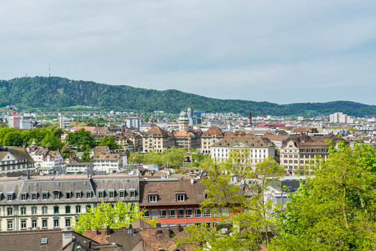 Panorama of city view of old downtown of Zurich city, with beautiful house at the bank of Limmat River of Switzerland, view from ZTH campus.