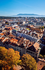 Top view on the roofs of old buildings in Geneva, Switzerland.