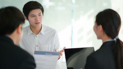 Concept of applying for work, Interviewing job seekers presenting their resume for executives to...