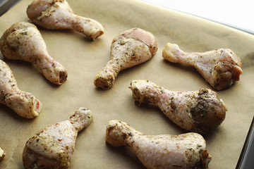 Baked chicken in the oven. Turkey legs on a baking sheet with spices baked in the oven. Snack on Thanksgiving Day.