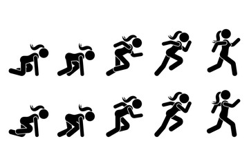 Stick figure runner sprinter sequence icon vector pictogram. Low start speeding woman sign symbol posture silhouette on white background