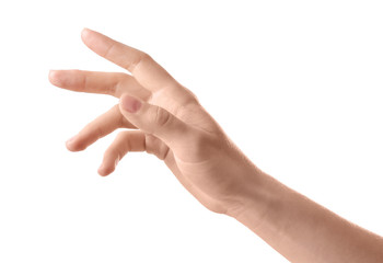 Woman holding hand on white background, closeup