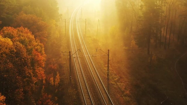 4k video, high quality. The drone slowly flies over the empty railroad running through the autumn forest at dawn, the rays of the sun cutting through the mist, creating a mystical atmosphere
