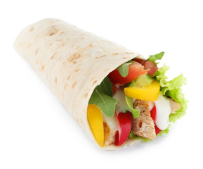 Delicious meat tortilla wrap isolated on white