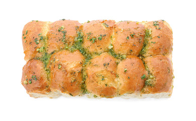 Buns of bread with garlic and herbs isolated on white, top view