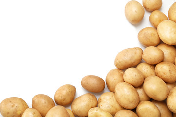 Raw fresh organic potatoes on white background, top view