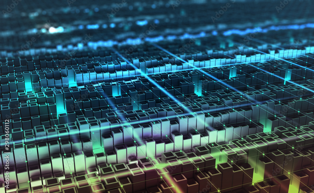 Poster virtual world, quantum processor. digital technology in global cyberspace. 3d illustration of urban 