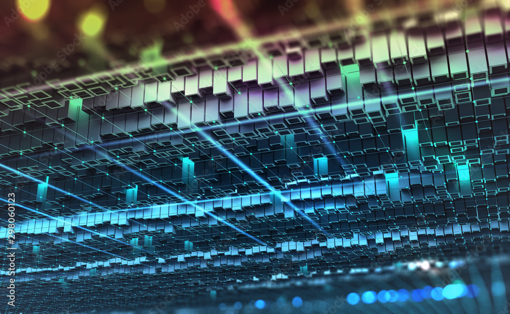 Leinwandbilder virtual world, quantum processor. digital technology in global cyberspace. 3d illustration of urban 