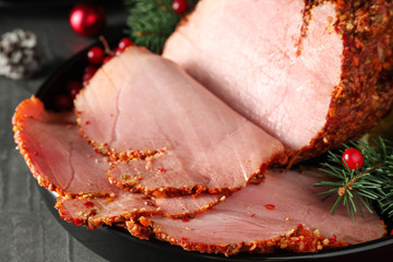 Tray with delicious ham on table, closeup. Christmas dinner