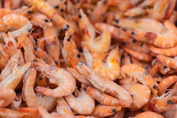 Fresh shrimp frozen in ice. Selective focus.