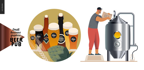 Brewery, craft beer pub -small business graphics -brewing process and some beer -modern flat vector concept illustrations -draught beer tank and brewer, menu icon -beer glasses and bottles, hop, wheat