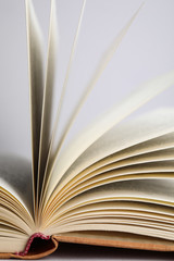 Closeup view of open book on light background
