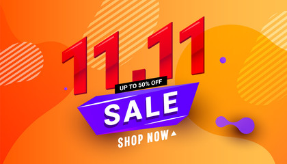 11.11 Shopping day sale banner with wave liquid gradient splashes and text on colorful background