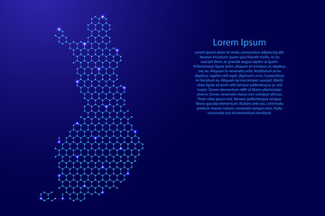 Finland map from futuristic hexagonal shapes, lines, points  blue and glowing stars in nodes, form of honeycomb or molecular structure for banner, poster, greeting card. Vector illustration.