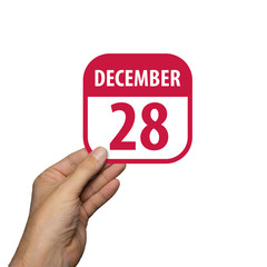 december 28th. Day 28 of month,hand hold simple calendar icon with date on white background. Planning. Time management. Set of calendar icons for web design. winter month, day of the year concept