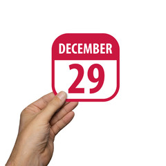 december 29th. Day 29 of month,hand hold simple calendar icon with date on white background. Planning. Time management. Set of calendar icons for web design. winter month, day of the year concept