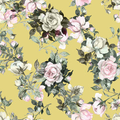 Watercolor seamless texture painted on paper with delicate roses pattern with buds and foliage WS
