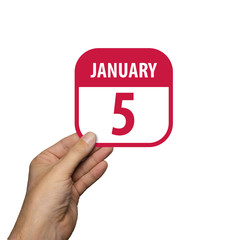 january 5th. Day 5 of month,hand hold simple calendar icon with date on white background. Planning. Time management. Set of calendar icons for web design. winter month, day of the year concept