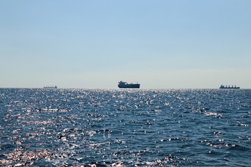 Fototapeta na wymiar seascape in the open sea with a view of the ships