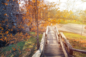 Fototapeta na wymiar Wooden staircase in autumn day