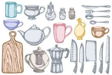 Vector set of hand drawn pastel Chef's knifes, teaspoon, spoon, fork, knife, cutting board, bottle of oil, teapots, coffee pot, cups, sugar bowl, pepper shaker, salt shaker