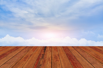 Wood table  montage White cloud on beauty Blue Sky Background