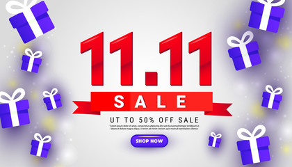11.11 creative special offer background. Banner design template with surprise gifts, red flat lay tape and text