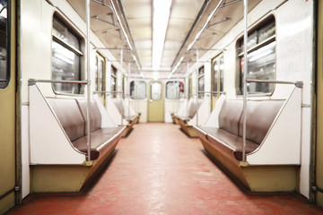 Obraz premium Subway car with empty seats. Empty subway.