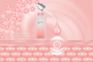 Beauty product ad design, pink cosmetic container with collagen solution advertising background ready to use, luxury skin care banner, illustration vector.	