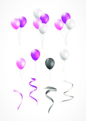 Set of Realistic Isolated Colorful Balloons and Streamers on White Background