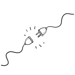 Electric socket with a plug. Connection and disconnection concept for 404 error connection. handdrawn doodle style