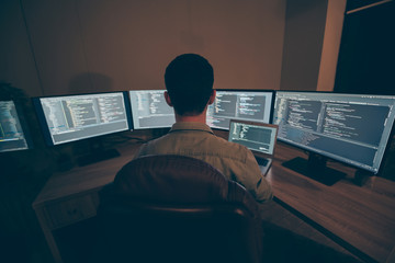 Top above high angle back rear view photo of manager of cyber security developing web site for his...