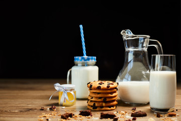 Chocolate chip cookies with milk. Chip cookies shot