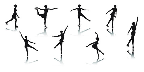 Figure ice skating silhouettes of young women on ice rink with reflections - winter sports activity ice skating indoor vector illustration - GIrls on ice rink 