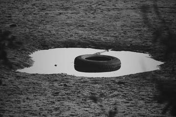 Tire in a puddle in black and white photo