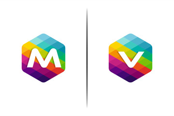 set of M and V letter colorful logo in the hexagonal. Vector design template elements for your application or company identity