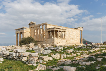 Porch of the Caryatids in the ancient Greek temple Erechtheion or Erechtheum, in the Acropolis of Athens in Greece