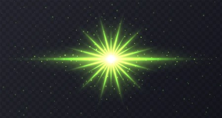 Shining flare with stars and sparkles isolated on dark transparent background. Green lens flare, stardust, shining star with rays concept. Glowing vector light effect.