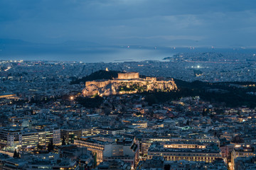 Overlook the night view of Acropolis in Athens, Greece