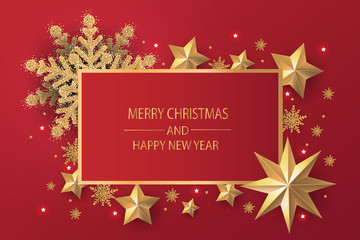 Fototapeta na wymiar Merry Christmas and Happy New Year. Christmas greeting card red background with gold stars and gold snowflakes.