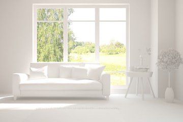 Mock up of stylish room in white color with sofa and green landscape in window. Scandinavian interior design. 3D illustration