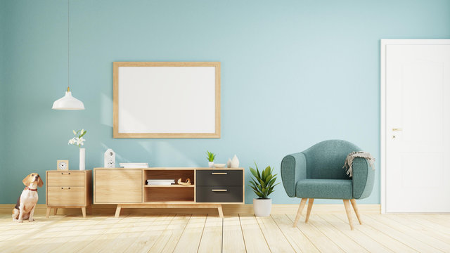 Interior poster mock up living room with colorful white sofa . 3D rendering.