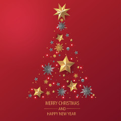 Merry Christmas and Happy New Year. Christmas greeting card in red background with decoration.