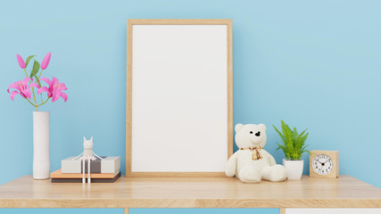 Mock up posters in child room interior, posters on empty blue wall background,3D rendering