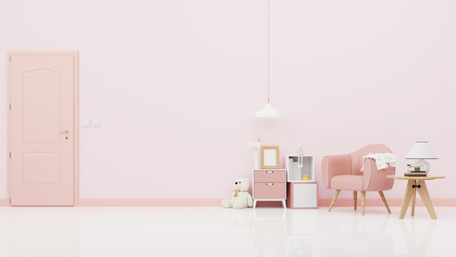 Teddy bear in the children's room on pink wall background.3D Rendering