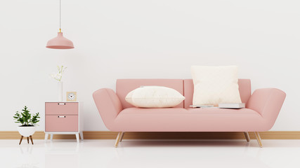 Interior poster mock up living room with colorful pink sofa . 3D rendering.