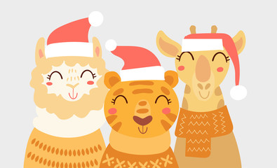 Flat scandinavian style cartoon cute character animals in winter clothes and Santa hat. Minimal vector illustration, merry Christmas card.