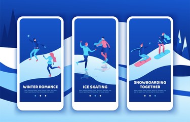 Romantic couple snowboarding together, mobile app template set, vertical layout, ui design, ice skating simple family, isometric minimal people illustration, vector winter sport, skating rink