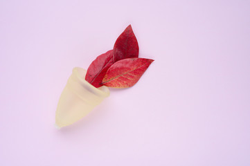 Menstrual cup with red fall leaves on pink background. space for text